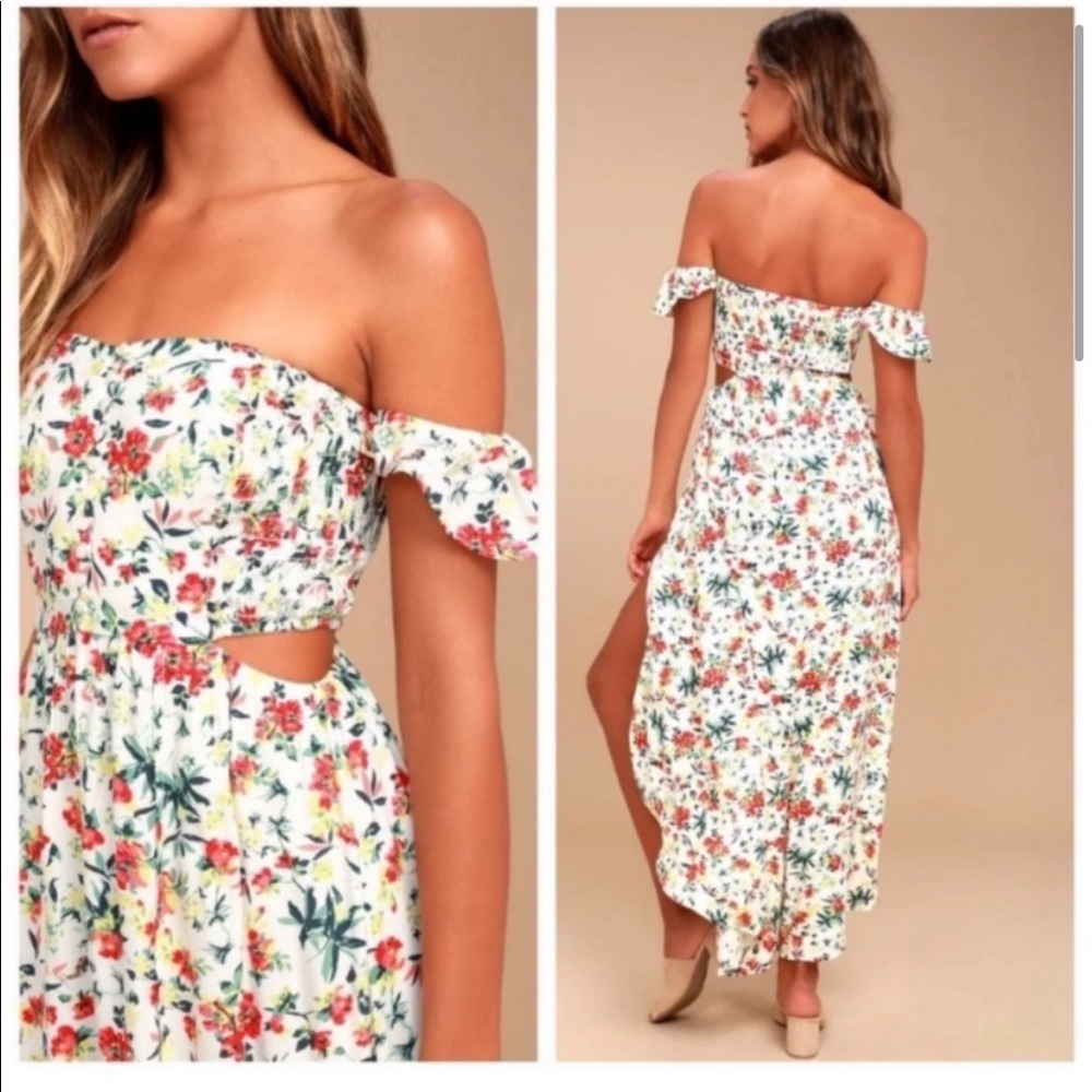 Lulus lush Easy on the Eyes Cream Floral Print Off the Shoulder Maxi Dress